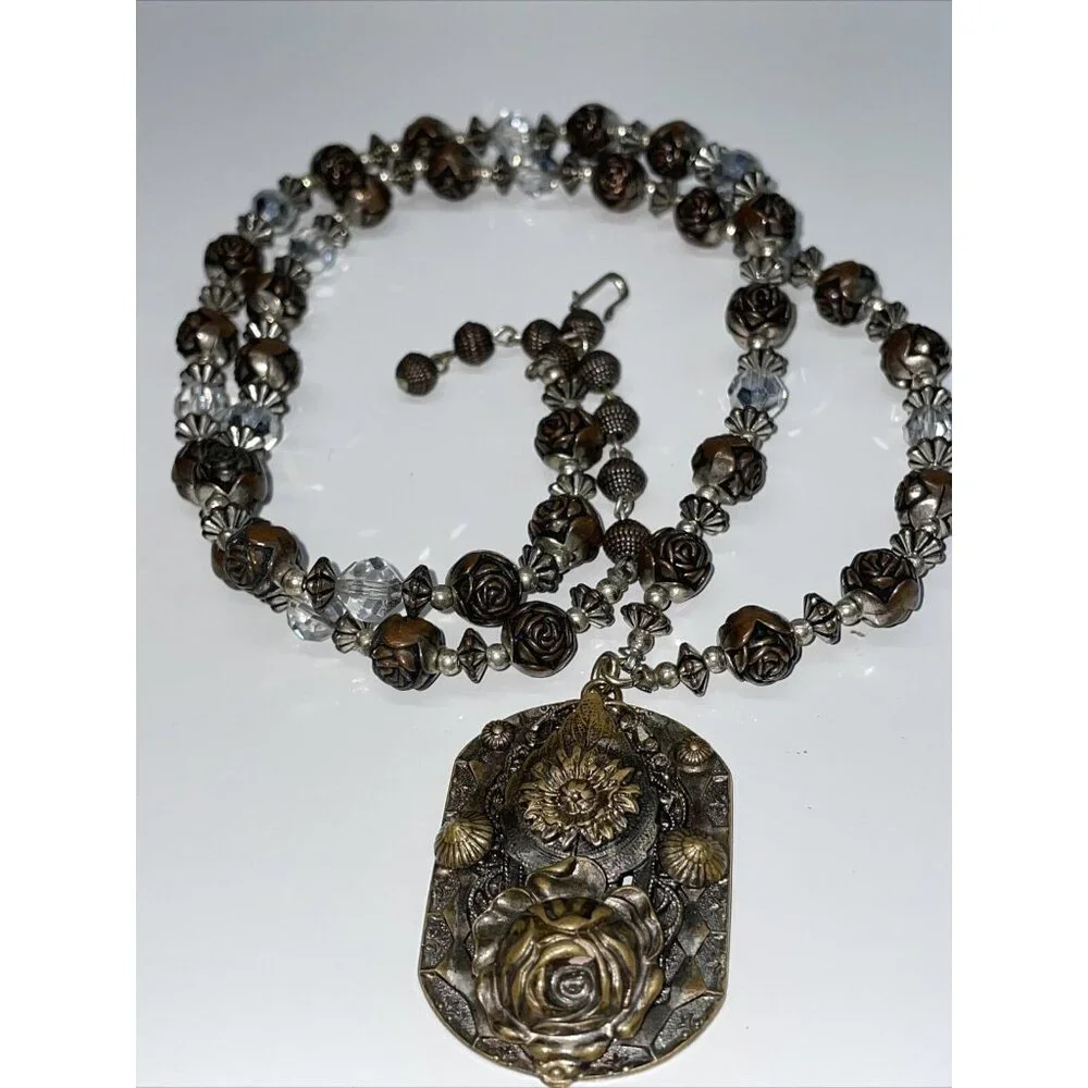 Vintage Brass Rose Pendant Necklace With Plastic Beaded Roses Filigree Stunning!